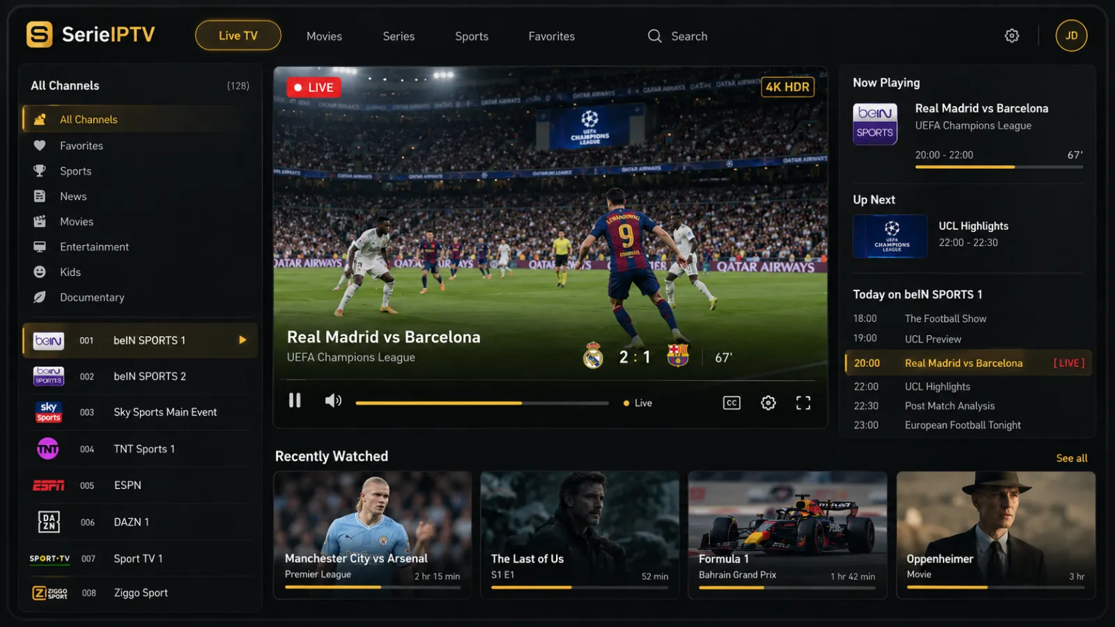 SerieIPTV Live-TV-Oberfläche mit Champions-League-Spiel und Senderübersicht
